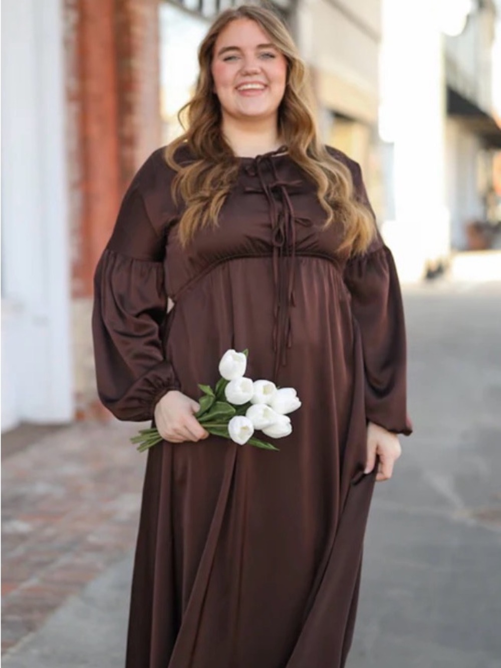 Ada Faye Clothing Bexley Brown Long Sleeve Maxi Dress size 2XL elastic Waist-G - Picture 4 of 8